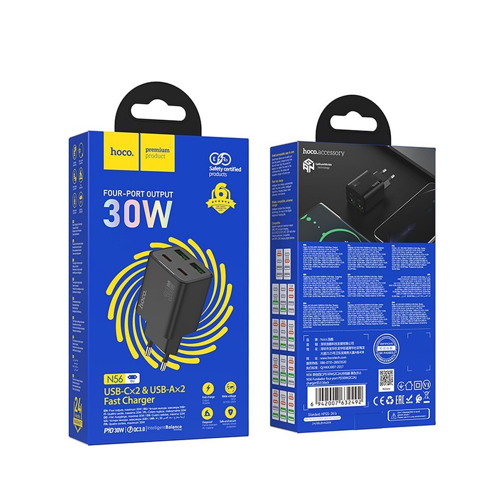 Szybka ładowarka sieciowa Hoco N56 30W PD 2x USB-C 2x USB-A z kablem USB-C 1m czarna Realme Narzo 20a / 7 Szybka ładowarka sieciowa Hoco N56 30W PD 2x USB-C 2x USB-A z kablem USB-C 1m czarna Realme Narzo 20a / 7