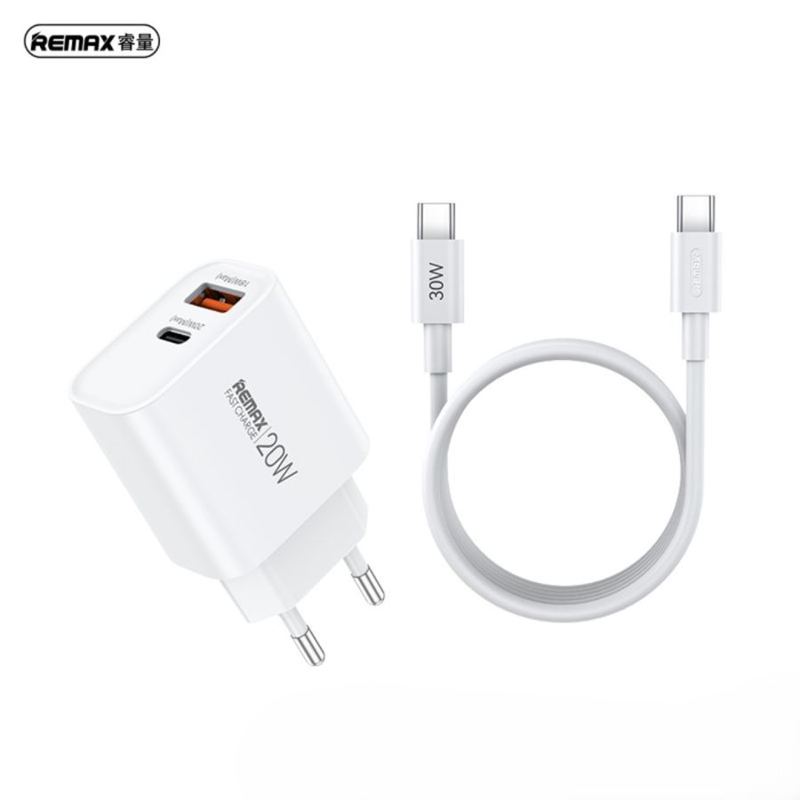 �adowarka sieciowa REMAX CABLE SET 20W RP-U120 USB/USB-C + KABEL USB-C/USB-C WHITE