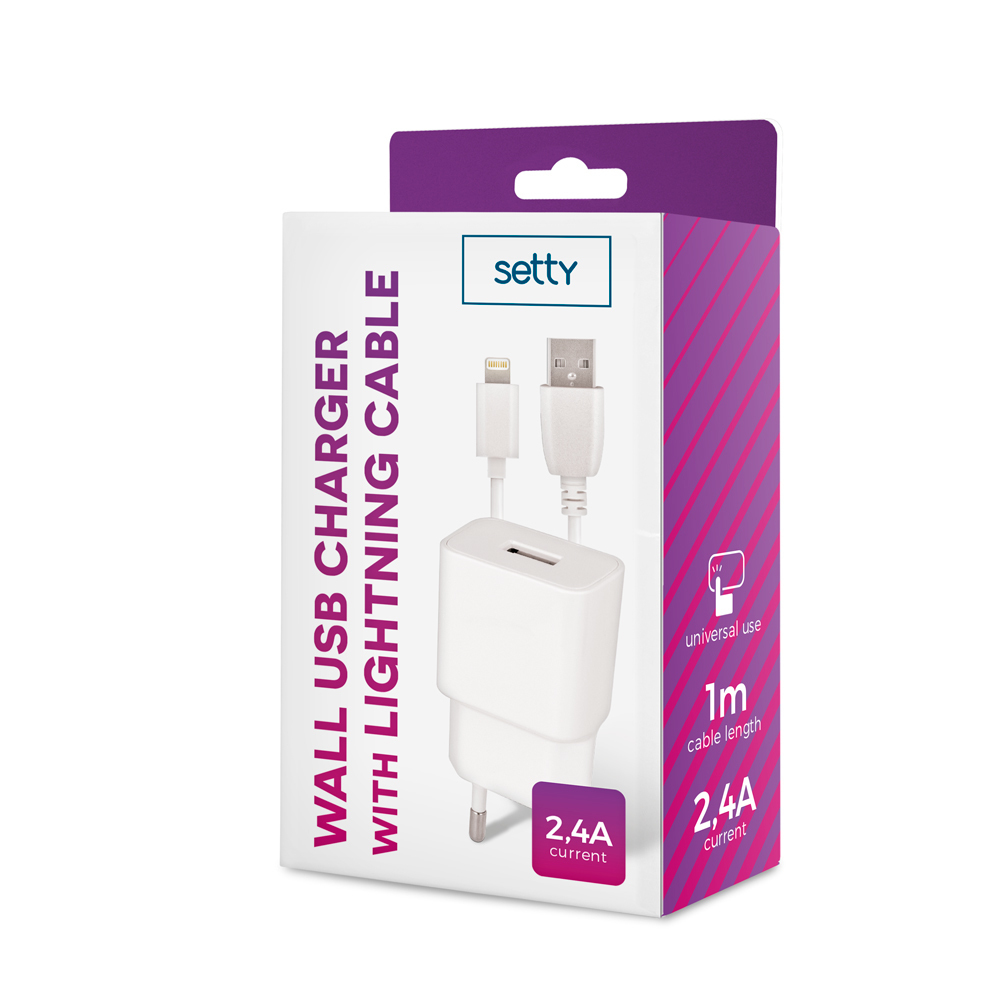 �adowarka sieciowa Setty USB 2,4A bia�a + kabel Lightning 1m bia�y / 3