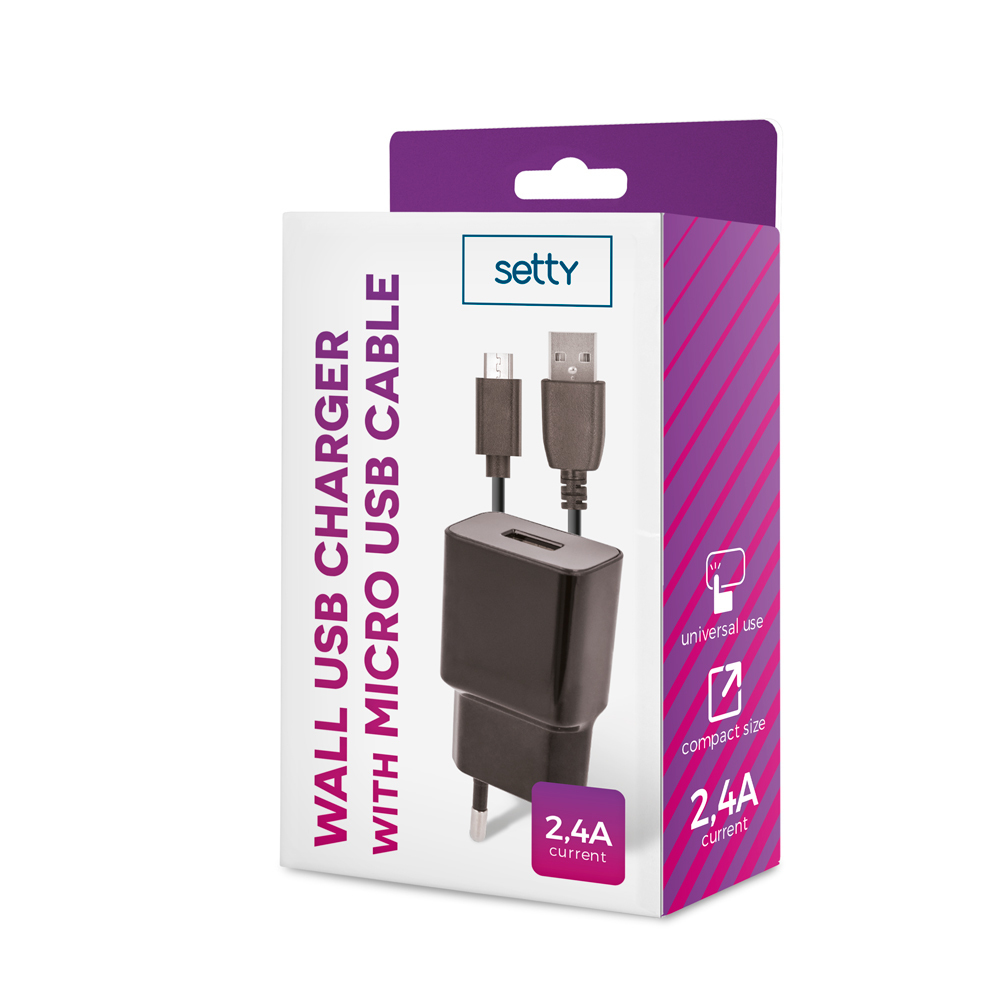 adowarka sieciowa Setty USB 2,4A czarna + kabel microUSB 1m czarny / 3