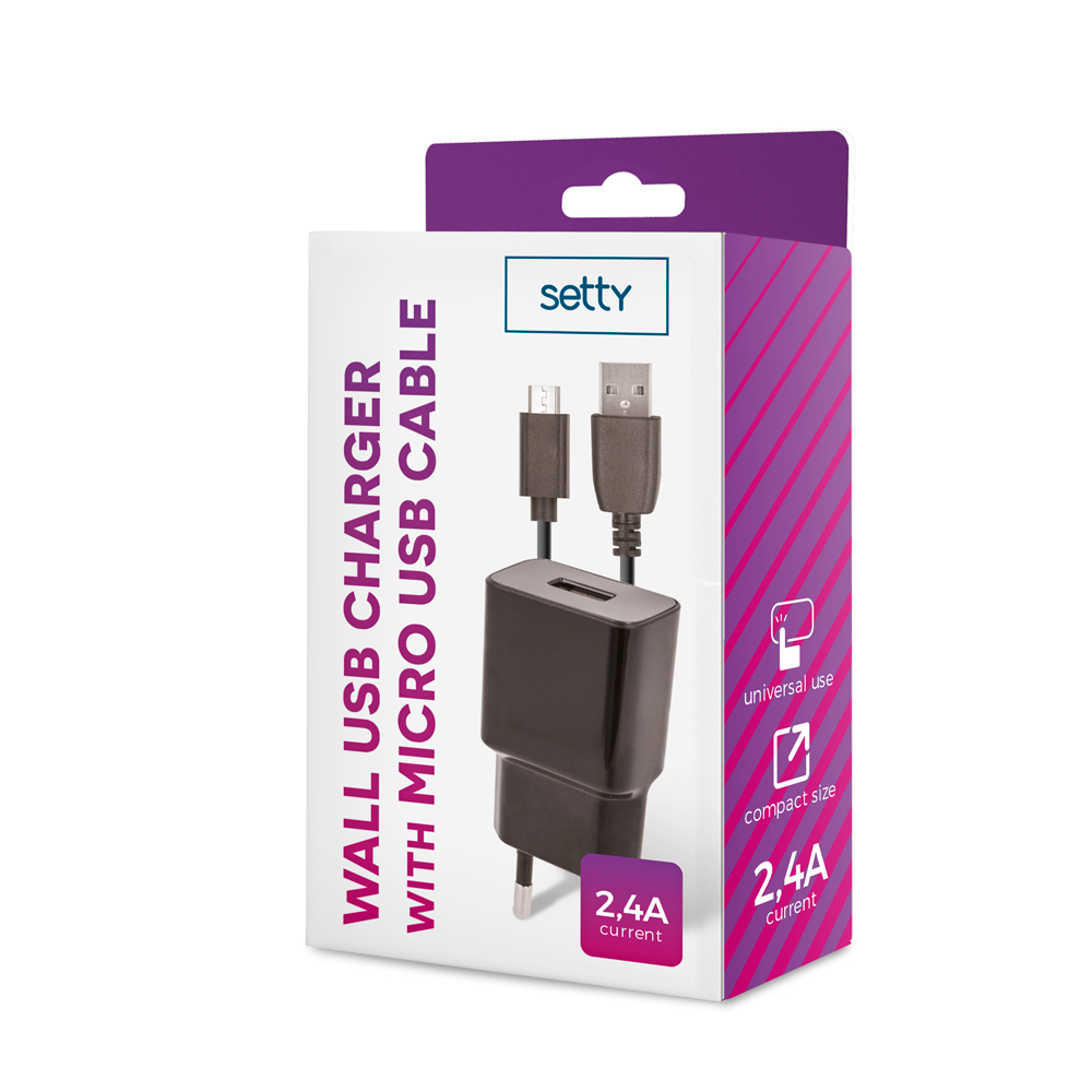 �adowarka sieciowa Setty USB 2,4A czarna + kabel microUSB 1m czarny / 3