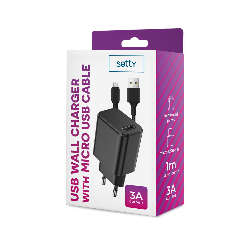 �adowarka sieciowa Setty USB 3A czarna + kabel microUSB 1m czarny / 7