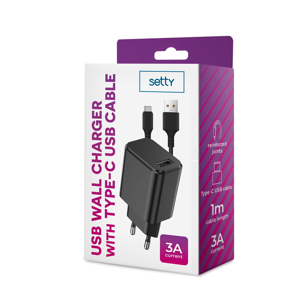 �adowarka sieciowa Setty USB 3A czarna + kabel typ C 1m czarny / 7