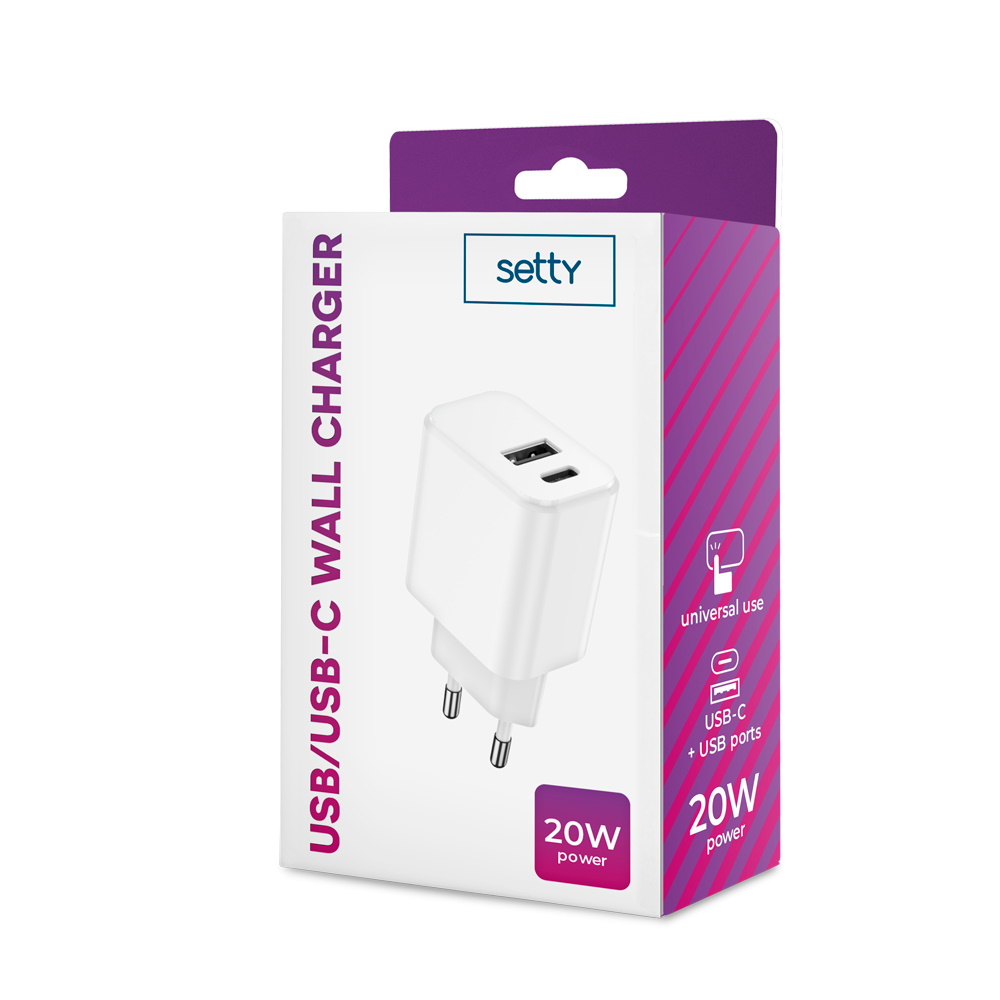 �adowarka sieciowa Setty USB + USB-C 3A 20W bia�a / 6