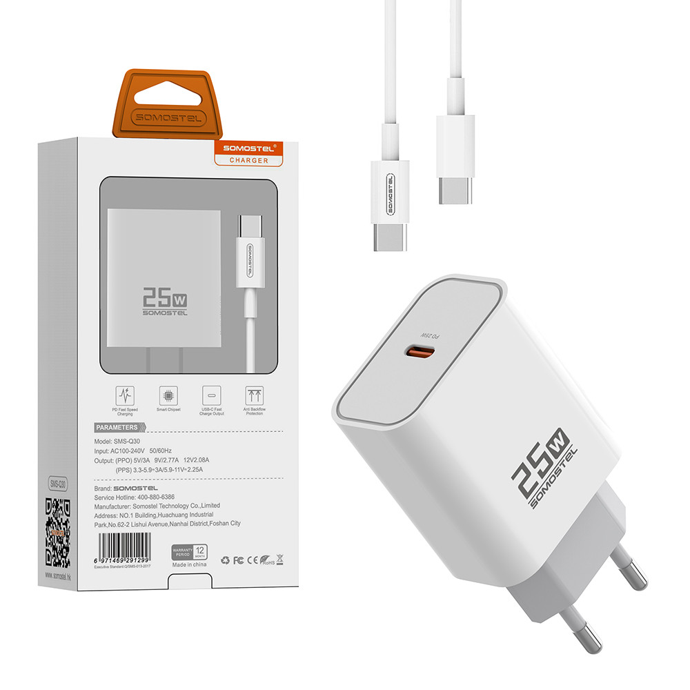 �adowarka Sieciowa Somostel 25W PD + kabel usb-c - usb-c 1m bia�a TTT
