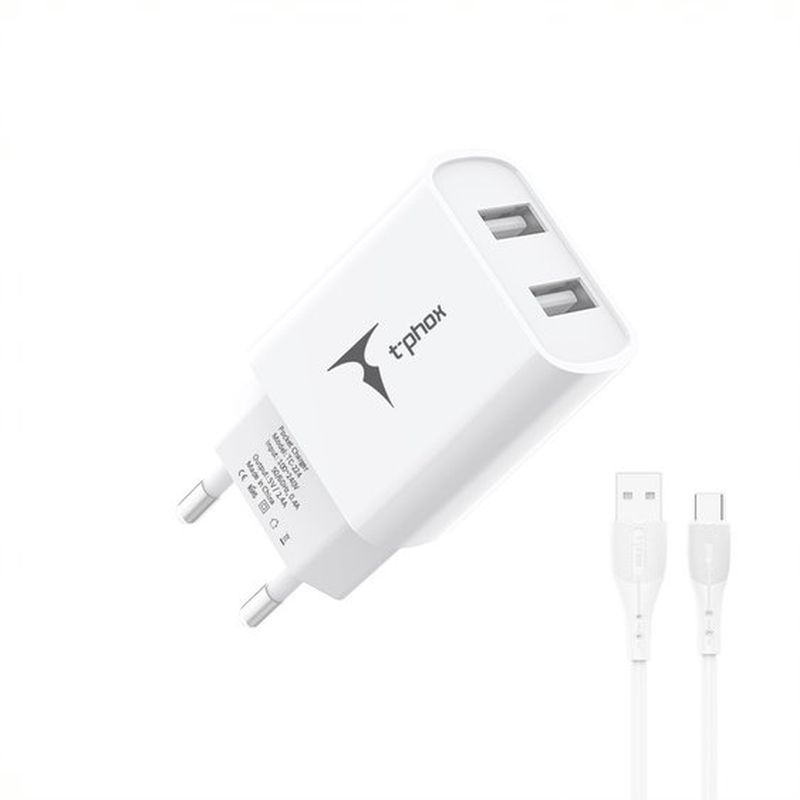 �adowarka sieciowa T-PHOX POCKET SERIES 2xUSB TCC-224 2.4A 12W + KABEL USB-C 1M WHITE