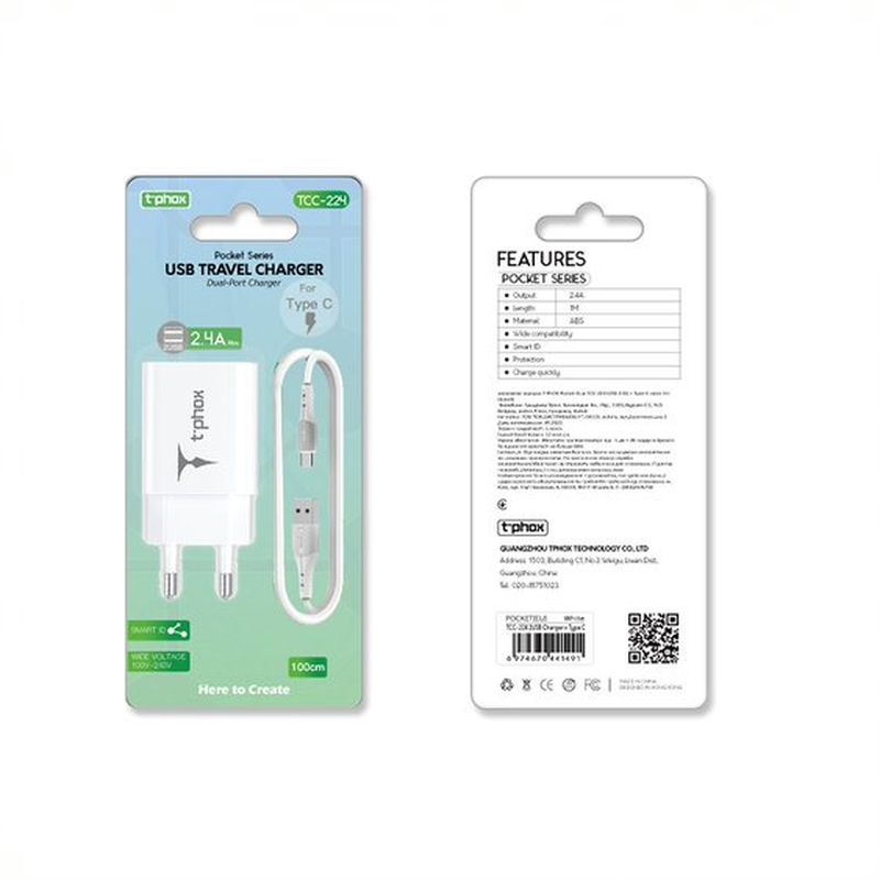 �adowarka sieciowa T-PHOX POCKET SERIES 2xUSB TCC-224 2.4A 12W + KABEL USB-C 1M WHITE / 6