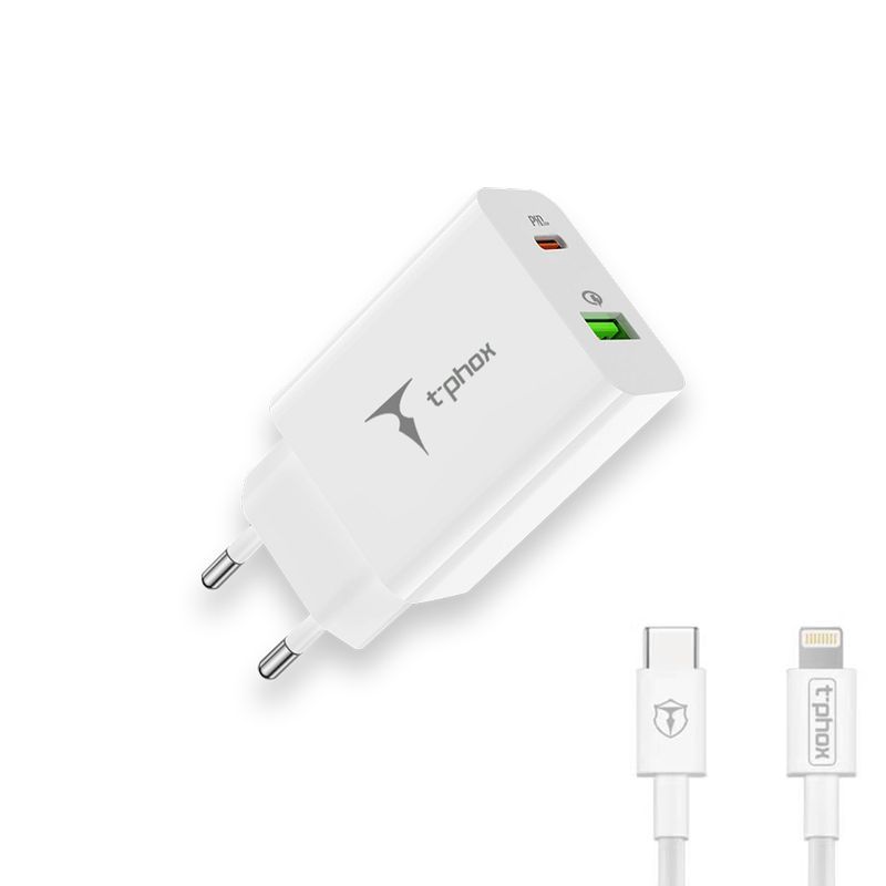 �adowarka sieciowa T-PHOX SPEEDY USB-C 20W/USB 18W PD QC + KABEL LIGHTNING 1M BIA�A/WHITE