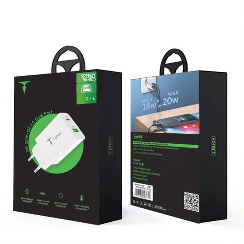 �adowarka sieciowa T-PHOX SPEEDY USB-C 20W/USB 18W PD QC + KABEL LIGHTNING 1M BIA�A/WHITE / 6