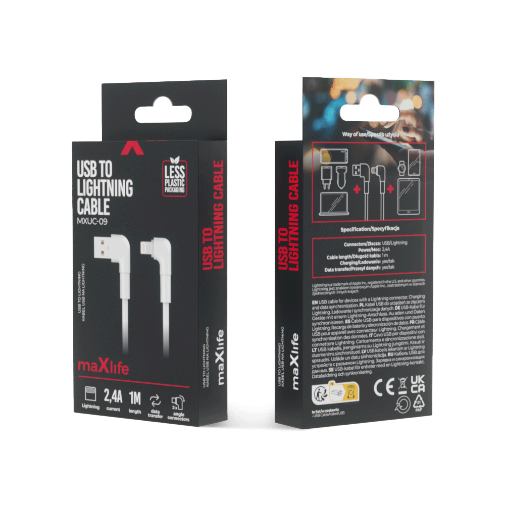 Maxlife kabel k�towy MXUC-09 USB - Lightning 1,0 m 2,4A bia�y / 5