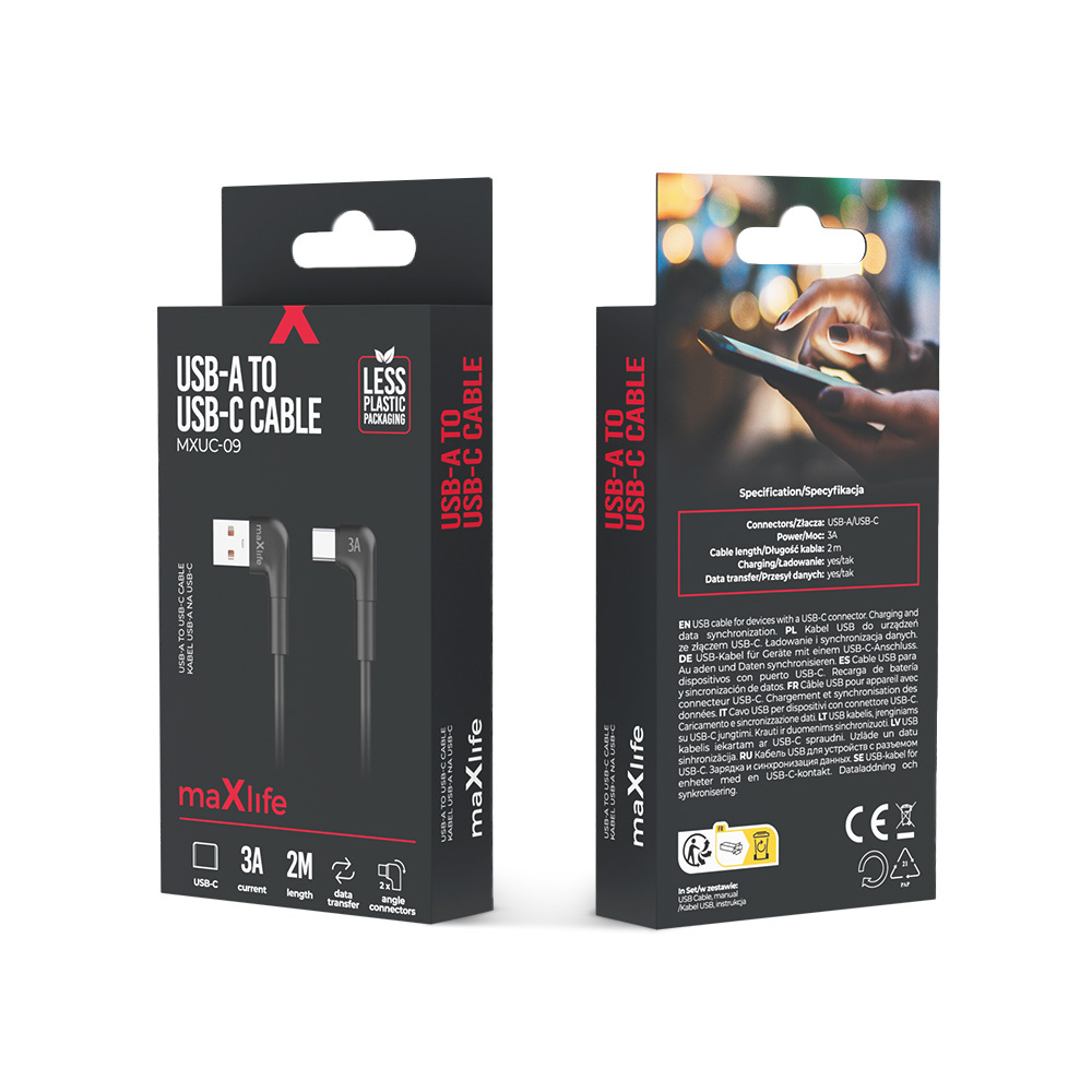 Maxlife kabel k�towy MXUC-09 USB - USB-C 2,0 m 3A czarny / 4