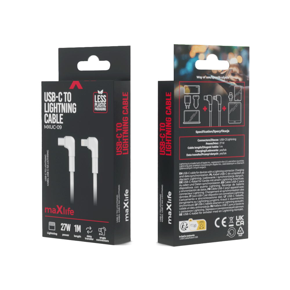 Maxlife kabel k�towy MXUC-09 USB-C - Lightning 1,0 m 27W bia�y / 5