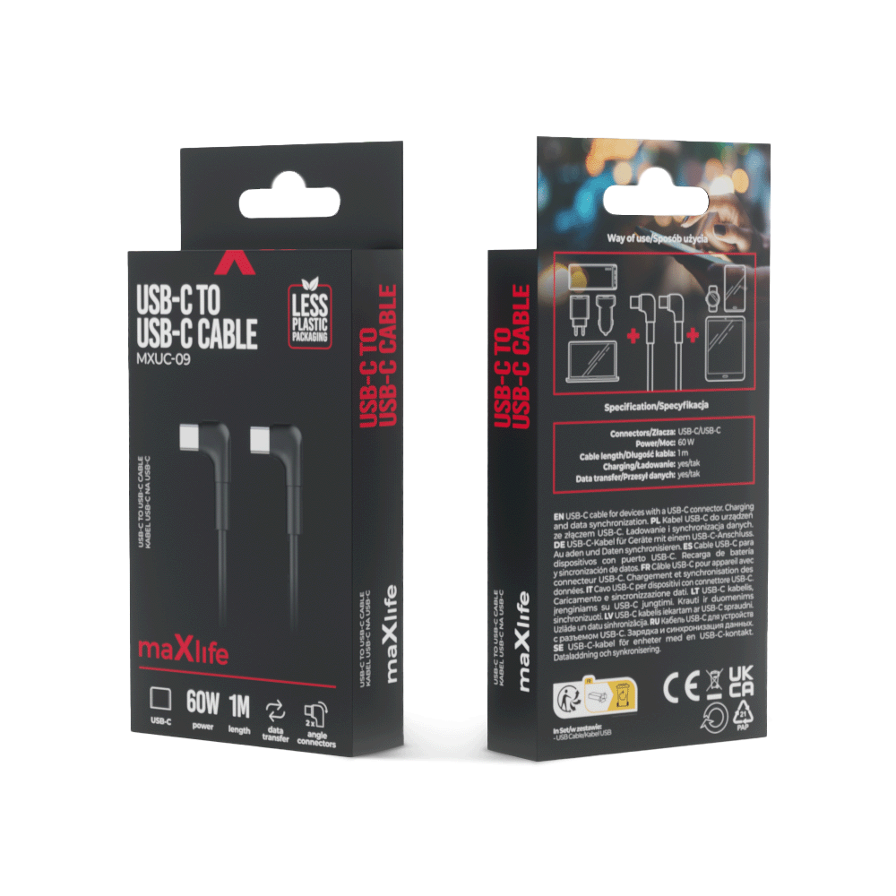 Maxlife kabel k�towy MXUC-09 USB-C - USB-C 1,0 m 60W czarny / 5