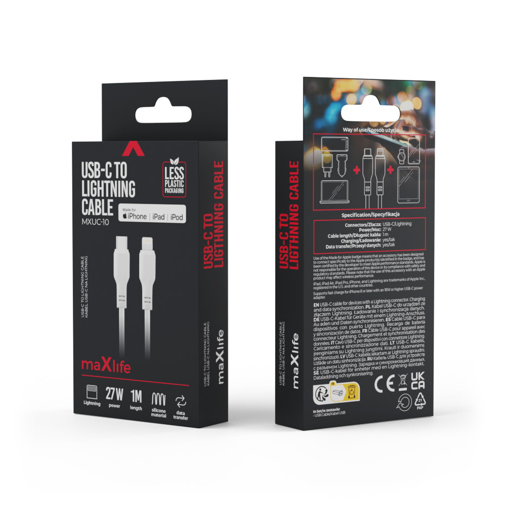 Maxlife kabel MFi MXUC-10 USB-C - Lightning 1,0 m 27W bia�y / 3