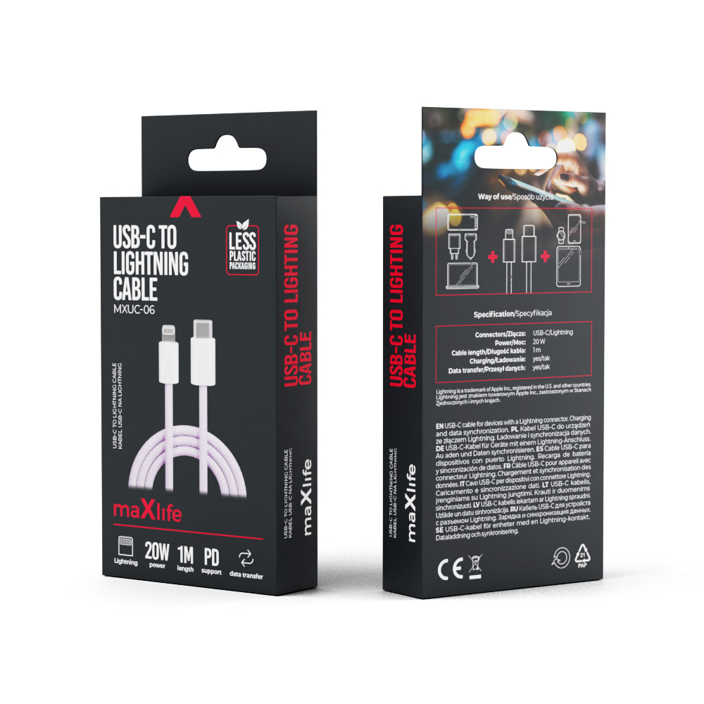 Maxlife kabel MXUC-06 USB-C - Lightning 1,0 m 20W fioletowy nylonowy / 2