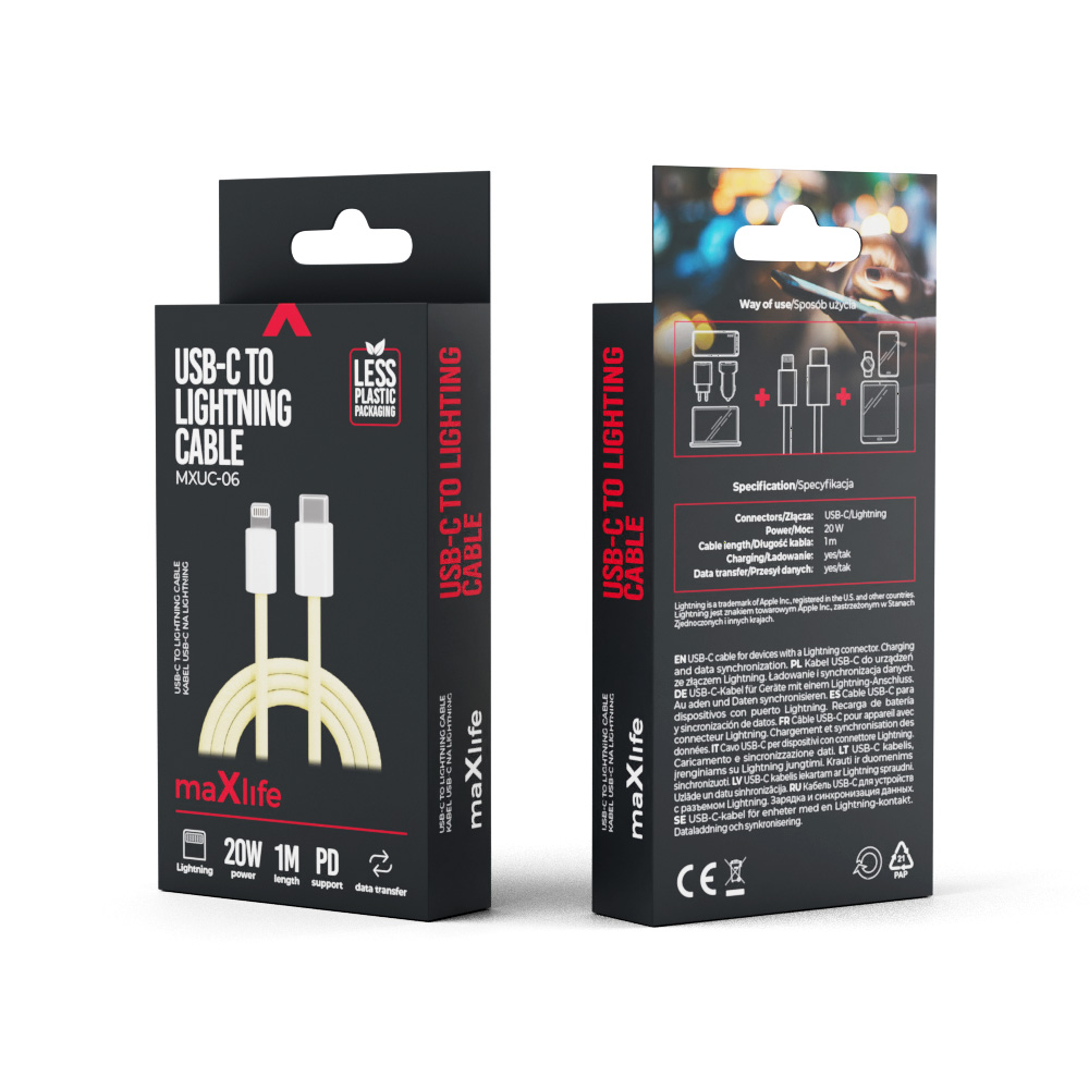 Maxlife kabel MXUC-06 USB-C - Lightning 1,0 m 20W ��ty nylonowy / 2