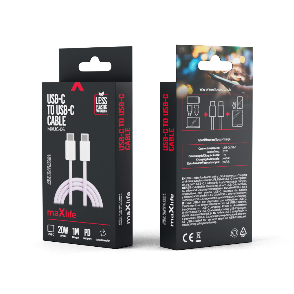 Maxlife kabel MXUC-06 USB-C - USB-C 1,0 m 20W fioletowy nylonowy / 2
