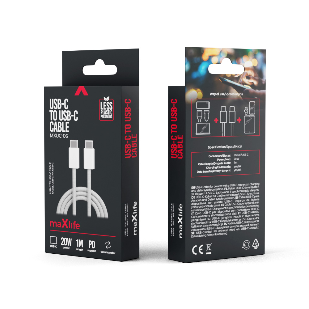 Maxlife kabel MXUC-06 USB-C - USB-C 1,0 m 20W szary nylonowy / 2