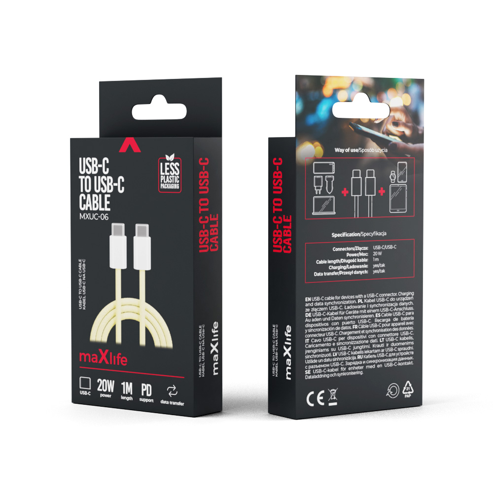 Maxlife kabel MXUC-06 USB-C - USB-C 1,0 m 20W ��lty nylonowy / 2
