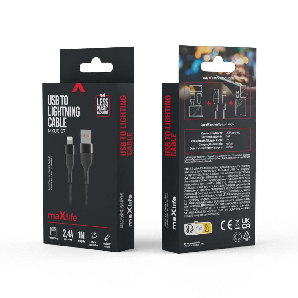 Maxlife kabel MXUC-07 USB - Lightning 1,0 m 2,4A czarny nylonowy / 5