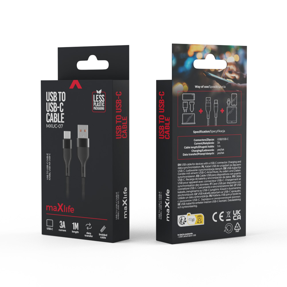 Maxlife kabel MXUC-07 USB - USB-C 1,0 m 3A czarny nylonowy / 5
