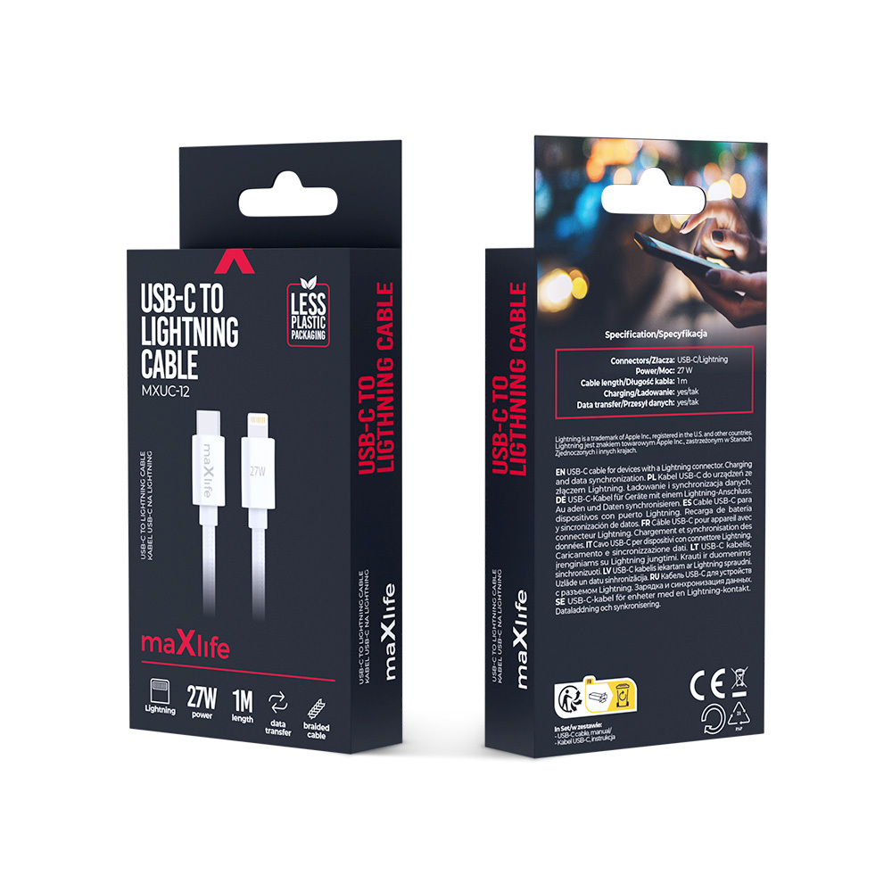 Maxlife kabel MXUC-12 USB-C - Lightning 1,0 m 27W bia�y / 2