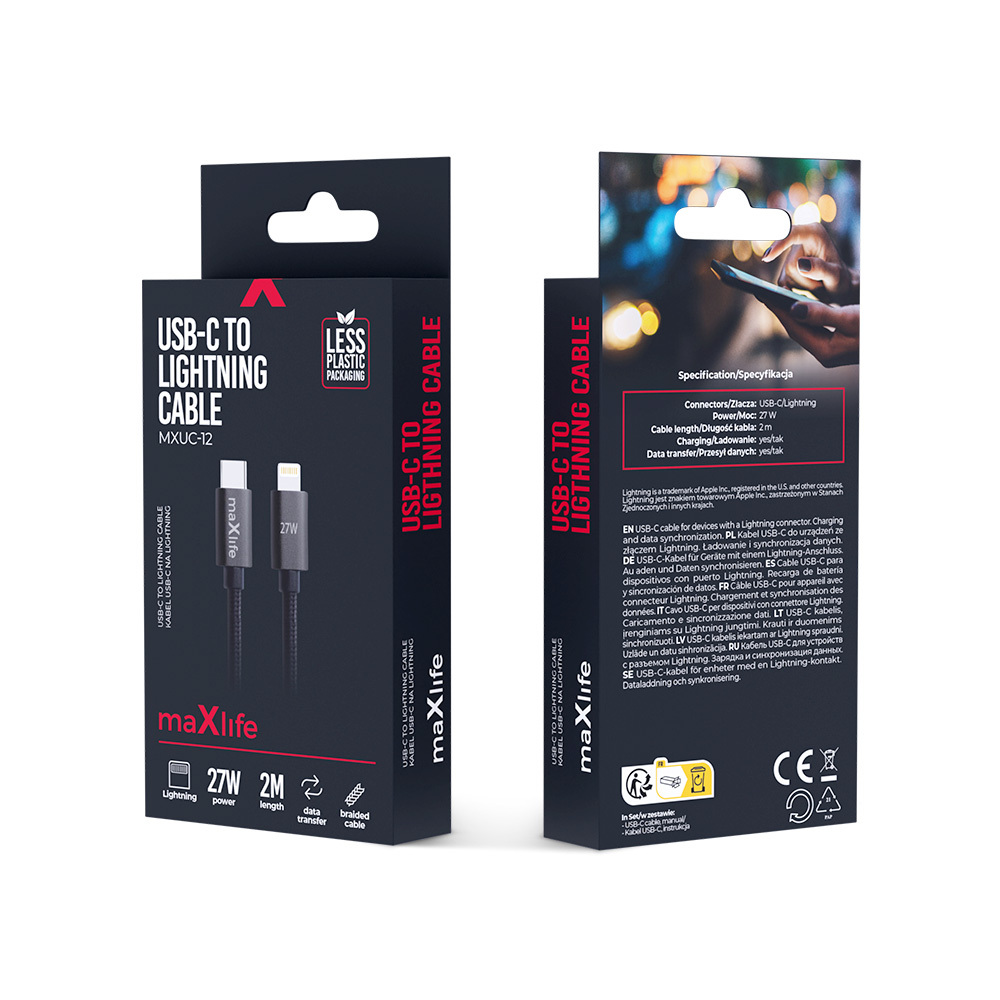 Maxlife kabel MXUC-12 USB-C - Lightning 2,0 m 27W czarny / 2