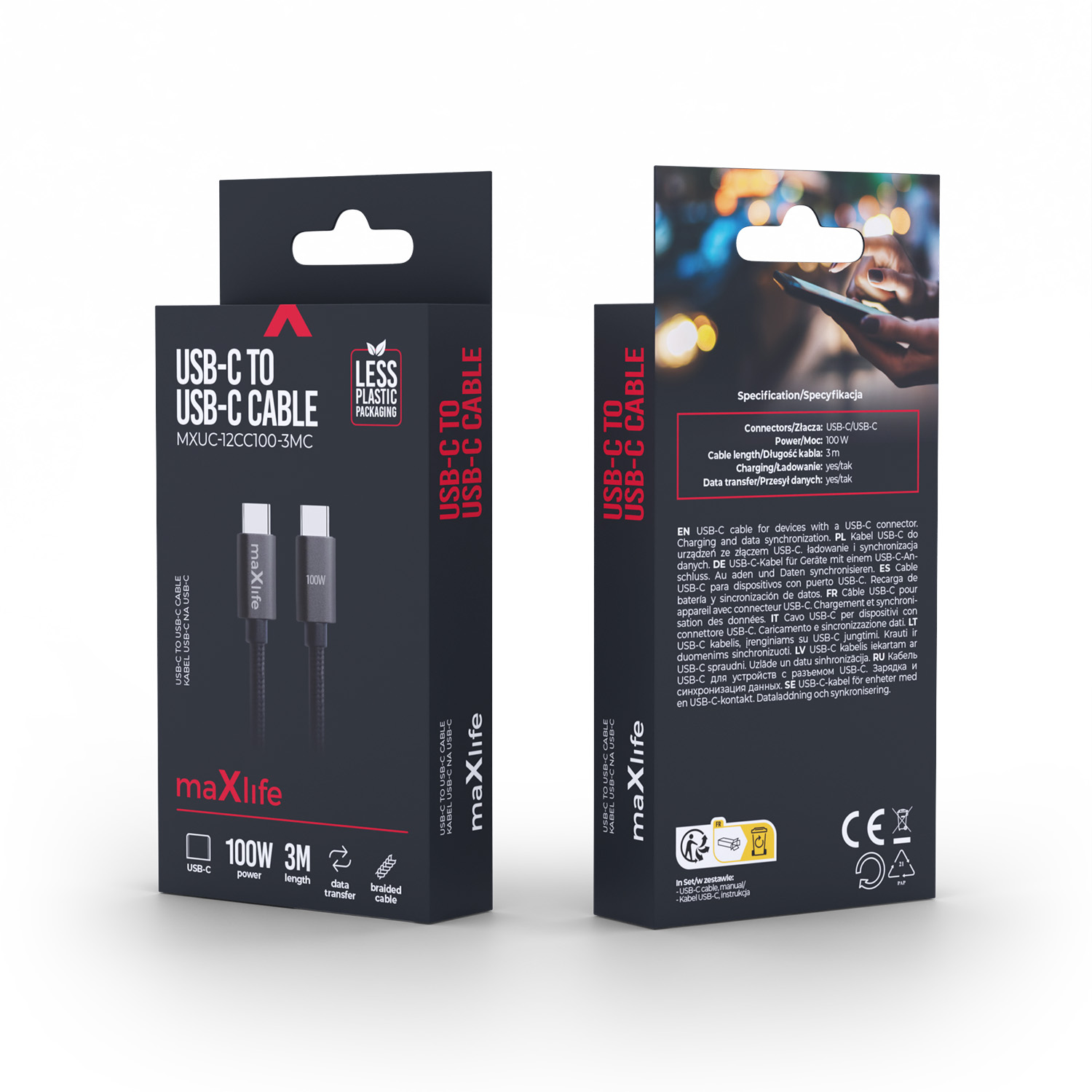 Kabel Maxlife MXUC-12 USB-C USB-C 100W 3m czarny Motorola Moto G71s / 2