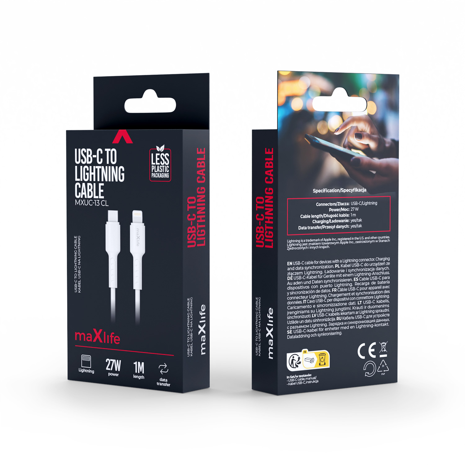 Maxlife kabel MXUC-13 USB-C - Lightning 1,0 m 27W bia�y / 2