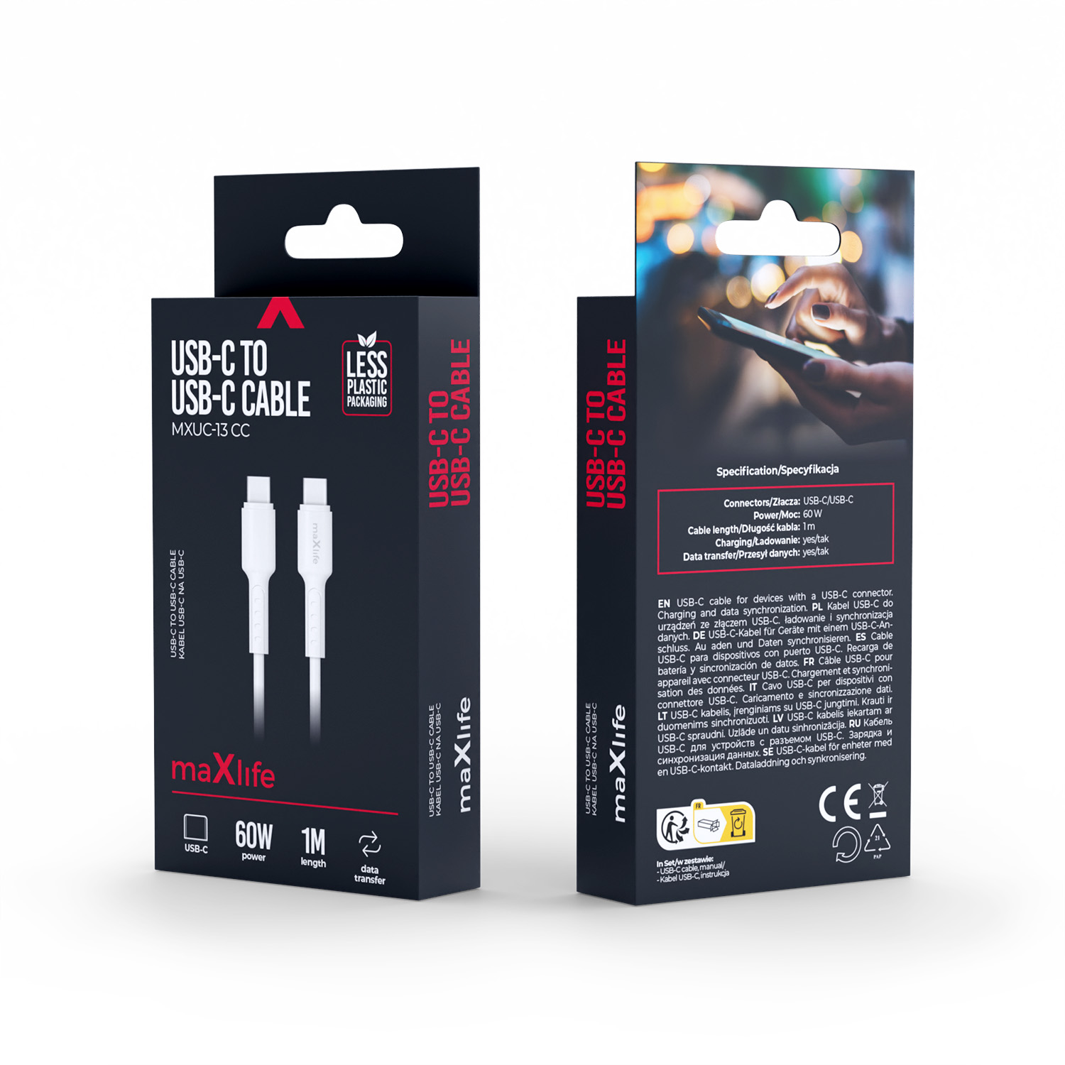 Maxlife kabel MXUC-13 USB-C - USB-C 1,0 m 60W bia�y / 2