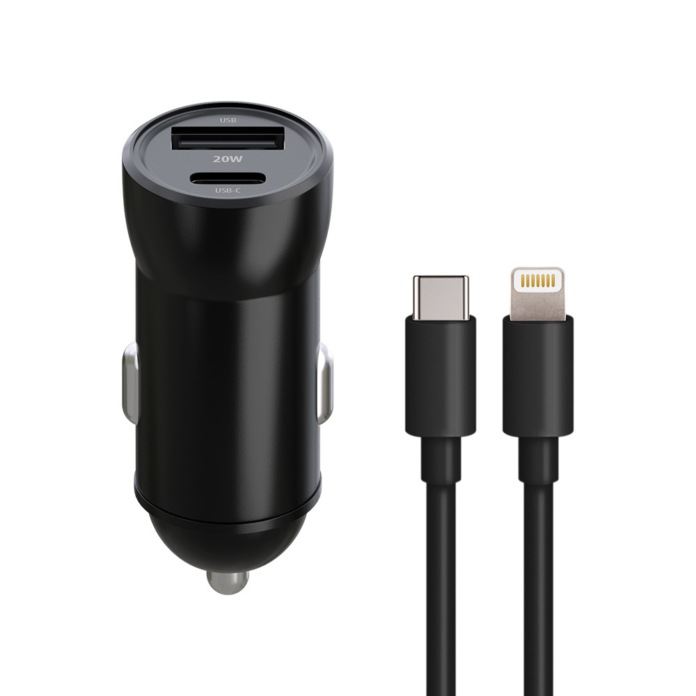 Maxlife �adowarka samochodowa PD QC MXCC-04 1x USB-C 1x USB 20W czarna + kabel USB-C - Lightning 27W