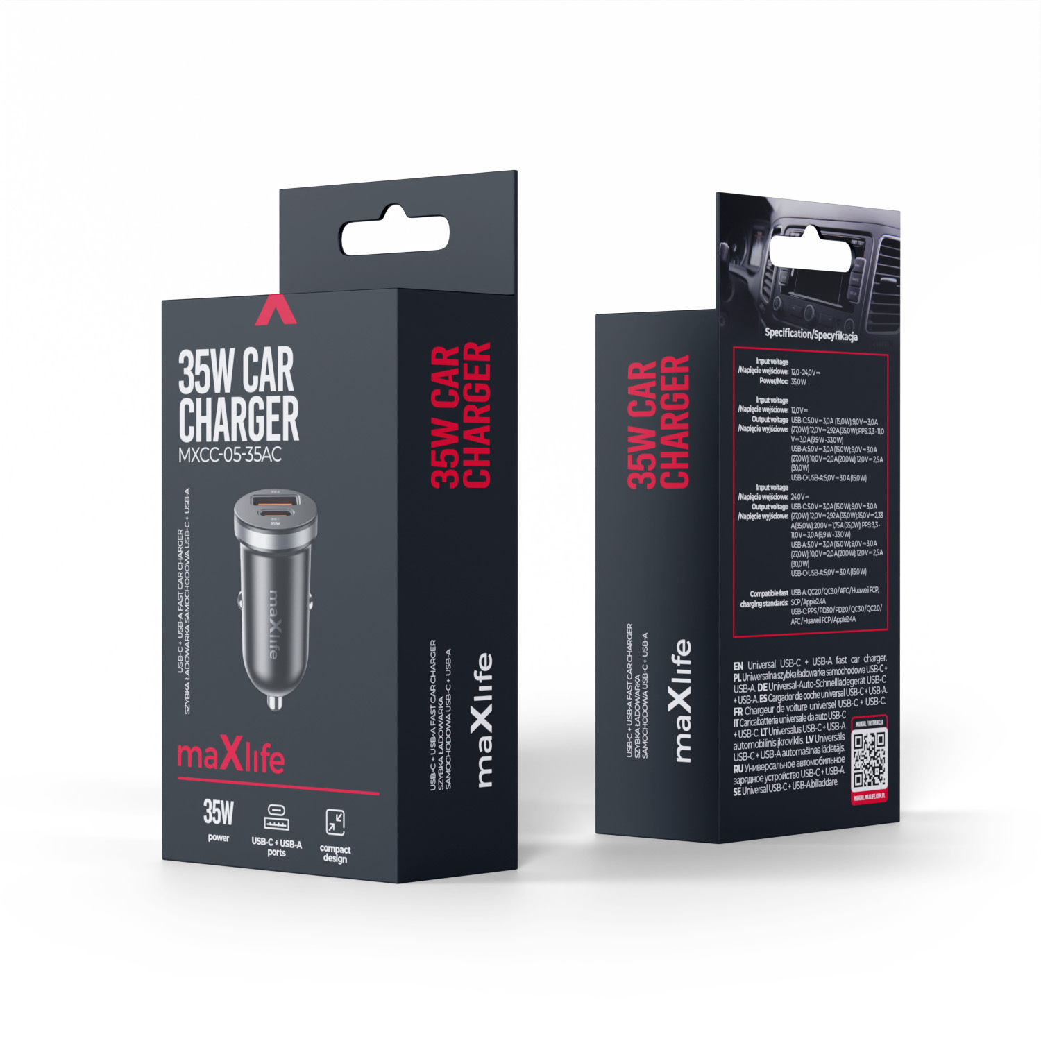 Szybka �adowarka samochodowa do telefonu maXlife 2 porty PD QC 35W USB-A i USB-C bez kabla Samsung Galaxy A10 / 3