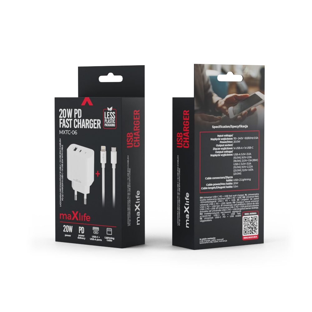 Szybka �adowarka 20W z kablem do telefonu Maxlife  2 porty USB i USB-C kabel USB-C - Lightning Apple iPhone 12 Pro Max / 10