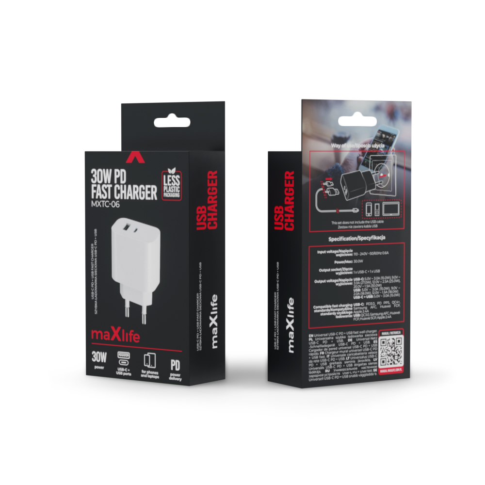 Maxlife �adowarka sieciowa PD QC MXTC-06 1x USB-C 1x USB 30W bia�a / 2