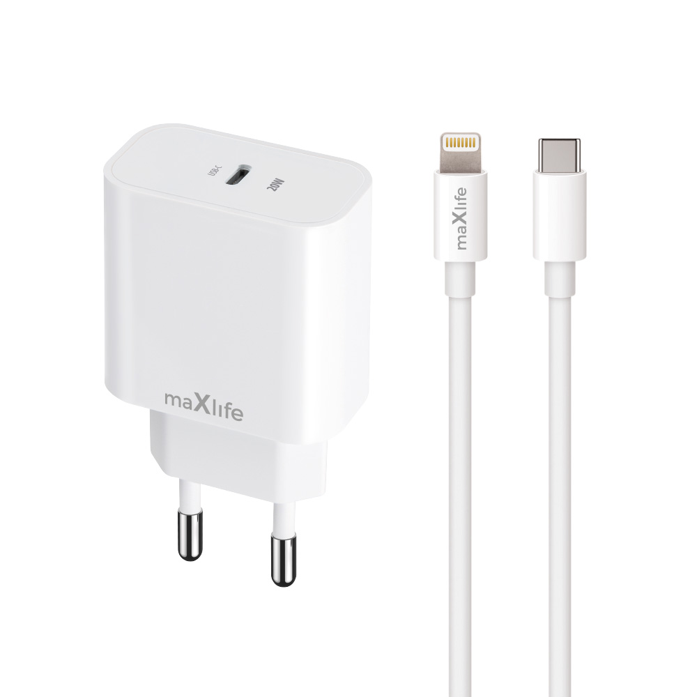 Maxlife �adowarka sieciowa PD QC MXTC-06 1x USB-C 20W bia�a + kabel USB-C - Lightning 20W