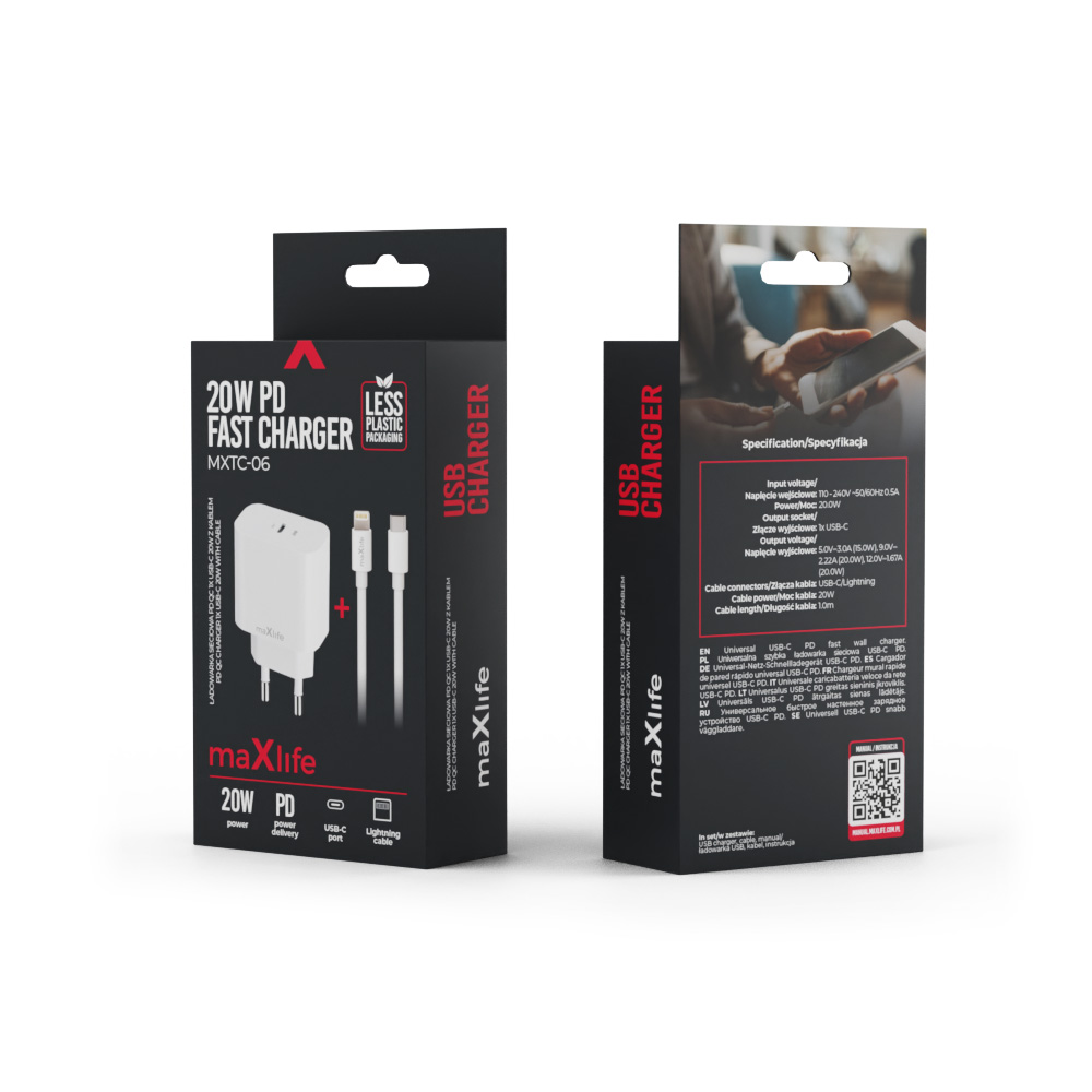 Maxlife �adowarka sieciowa PD QC MXTC-06 1x USB-C 20W bia�a + kabel USB-C - Lightning 20W / 12