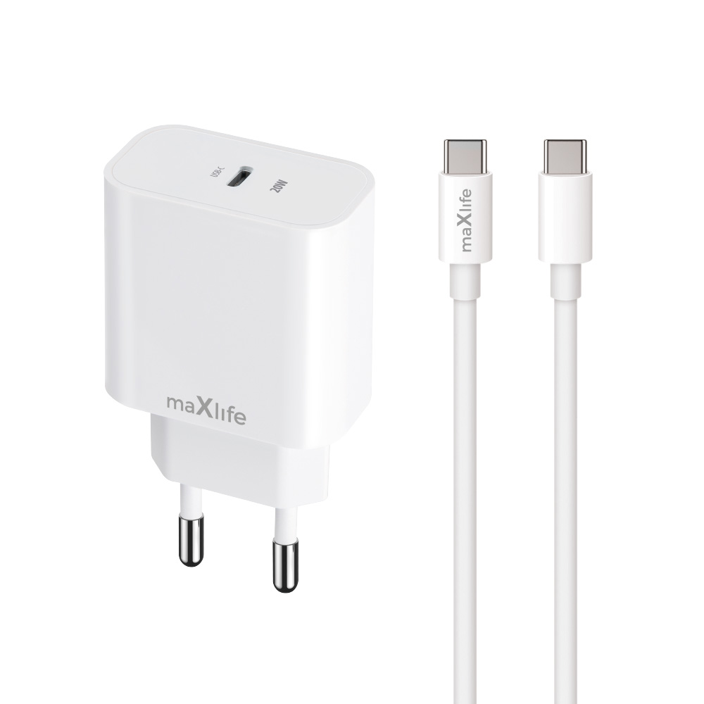 Maxlife �adowarka sieciowa PD QC MXTC-06 1x USB-C 20W bia�a + kabel USB-C - USB-C 20W