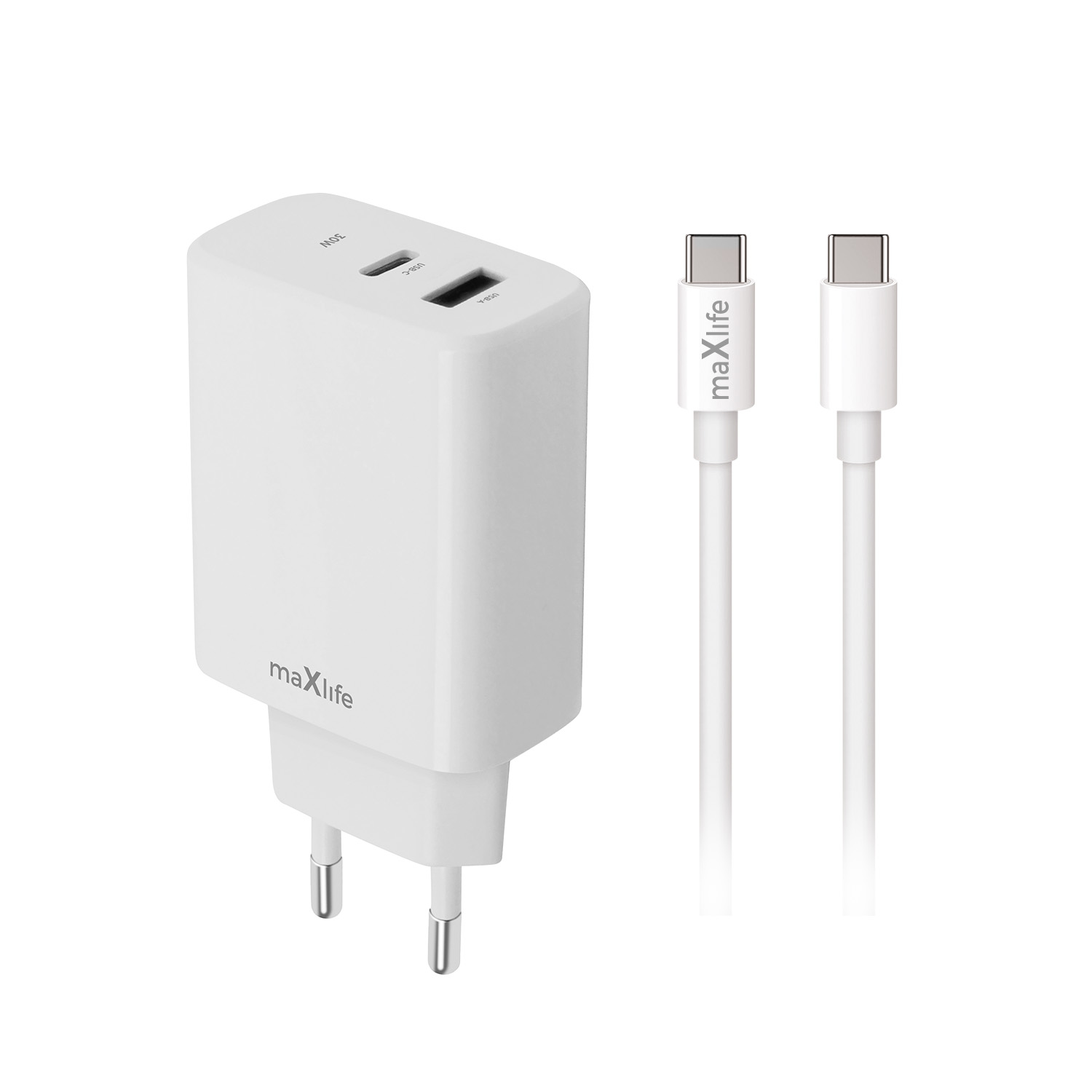Maxlife �adowarka sieciowa PD QC MXTC-10-20AC 1x USB-C 1x USB 20W bia�a + kabel USB-C - USB-C 20W