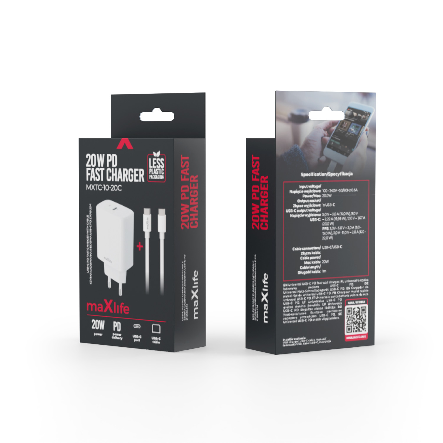 Maxlife �adowarka sieciowa PD QC MXTC-10-20C 1x USB-C 20W bia�a + kabel USB-C - USB-C 20W / 2