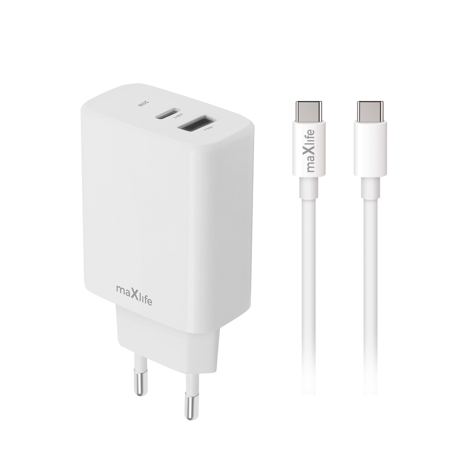 Maxlife �adowarka sieciowa PD QC MXTC-10-30AC 1x USB-C 1x USB 30W bia�a + kabel USB-C - USB-C 60W