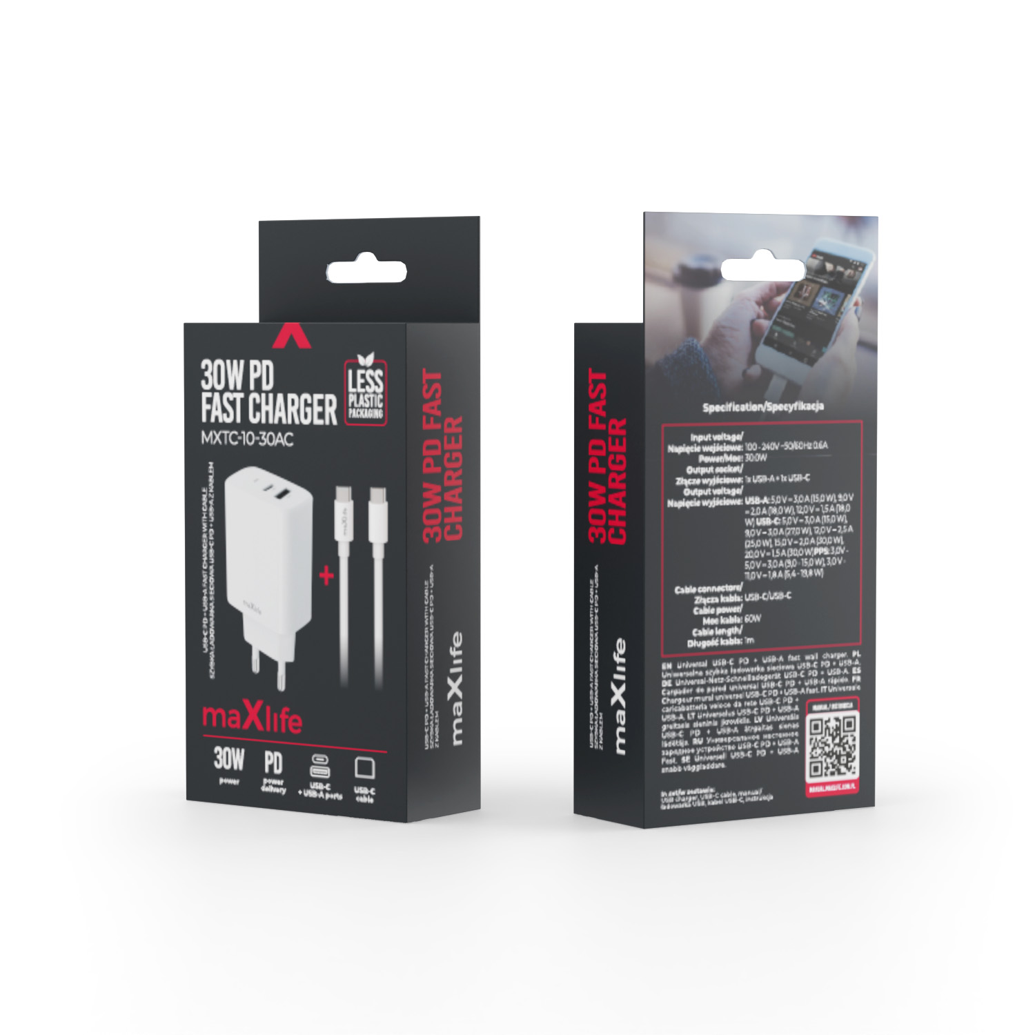 Maxlife �adowarka sieciowa PD QC MXTC-10-30AC 1x USB-C 1x USB 30W bia�a + kabel USB-C - USB-C 60W / 2