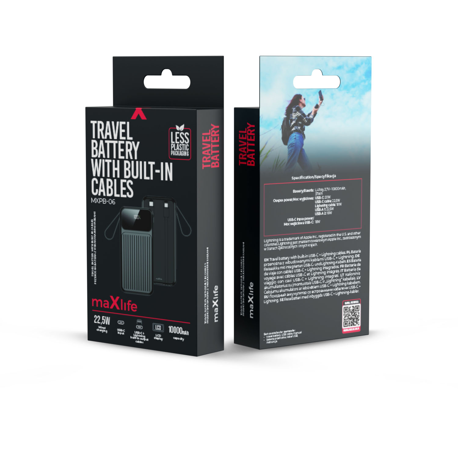 Maxlife power bank z wbudowanymi kablami MXPB-06 PD QC 22,5W 10000 mAh czarny / 4