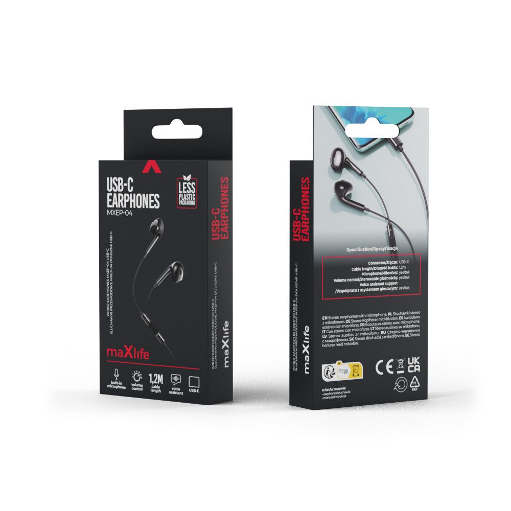 Maxlife s�uchawki przewodowe MXEP-04 douszne USB-C 3,5mm czarne / 3