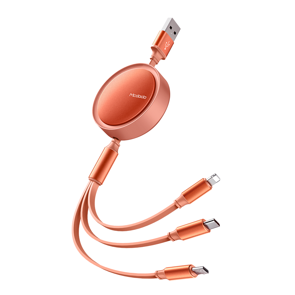 Mcdodo kabel 3w1 Retractable USB - Lightning + USB-C + microUSB 1,2 m pomara�czowy zwijany CA-7252