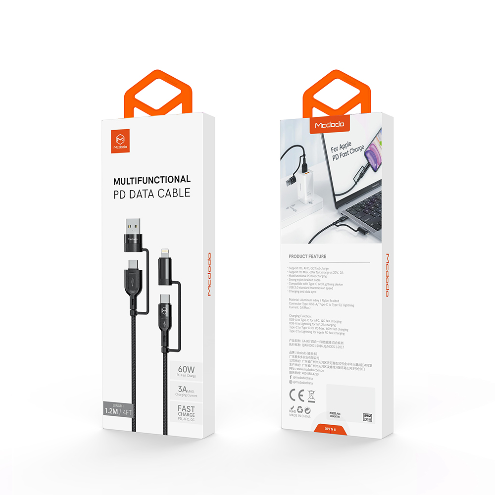 Mcdodo kabel 4w1 USB + USB-C - Lightning + USB-C 1,2 m czarny CA-8070 / 10