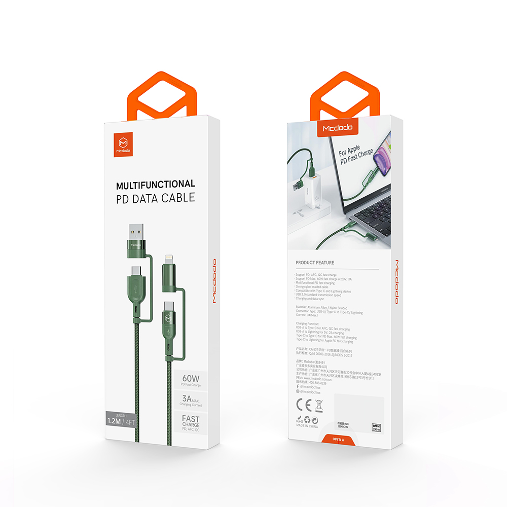 Mcdodo kabel 4w1 USB + USB-C - Lightning + USB-C 1,2 m zielony CA-8071 / 9