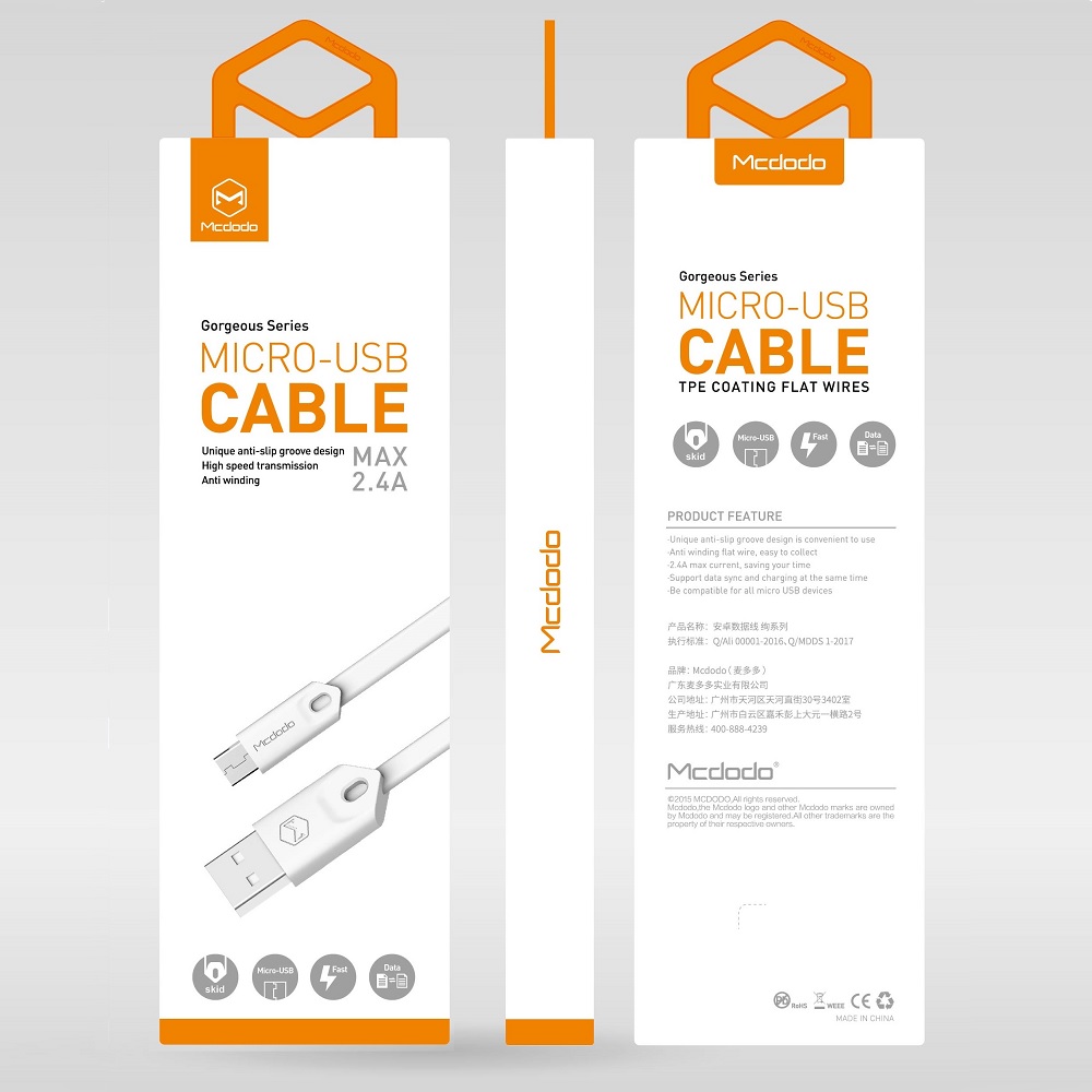 Mcdodo kabel USB Gorgeous micro bia�y 1m 2,4A CA-0430 / 2