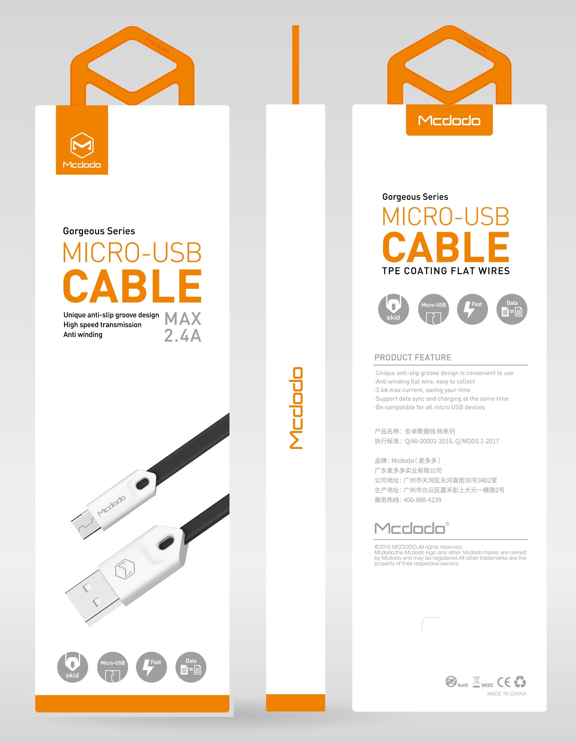 Mcdodo kabel USB Gorgeous micro czarny 1m 2,4A CA-0833 / 2