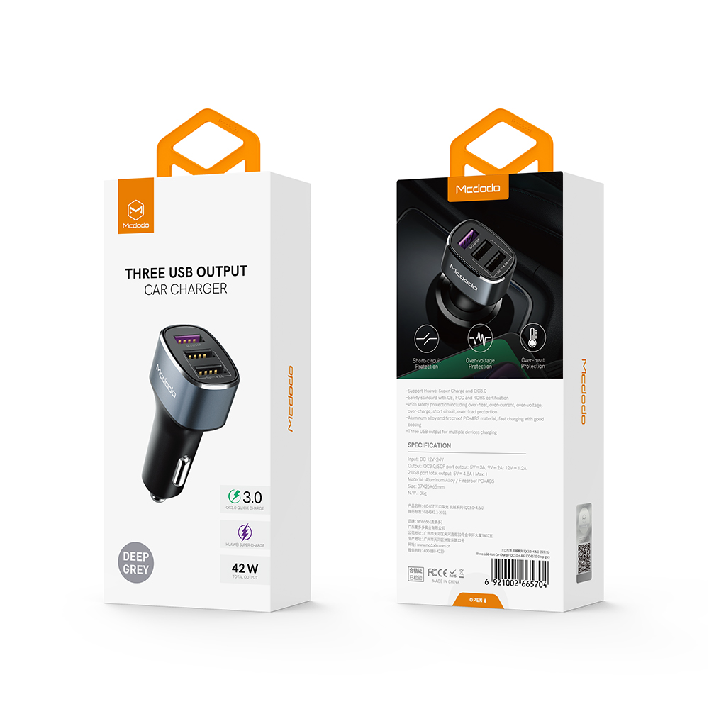 Mcdodo �adowarka samochodowa 3USB QC 3.0/ SCP szara 4,8A CC-6570 / 11