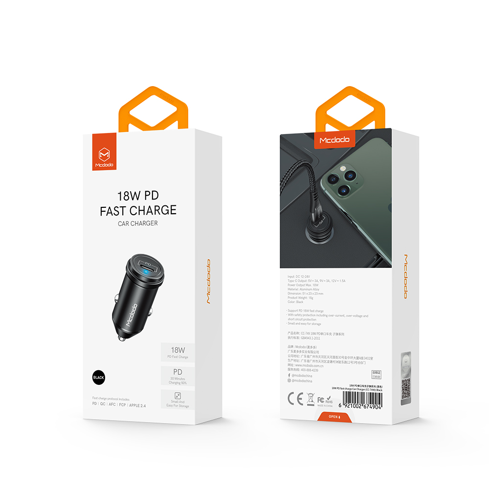 Mcdodo �adowarka samochodowa Bullet 1USB typ-C PD czarna 18W CC-7490 / 11